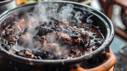 feijoada, steaming pot filled with a rich, savory stew made of black beans, pork, and spices - obrazy, fototapety, plakaty