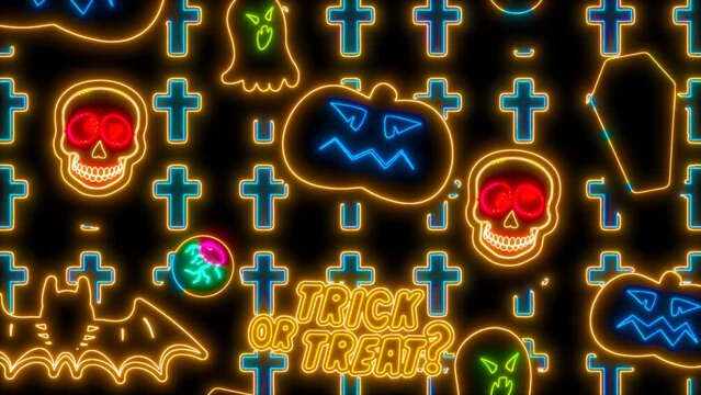Seamless animation of Halloween element with neon effect. Funny background with skulls, bats, pumpkins and crosses with fluorescent effect for parties and events.
