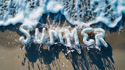 The word summer spelled out in sandy beach, showcasing seasonal vibe.