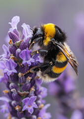 Bee hovering on lavender flower. Insect. Bloom. Bee. Honeybee. Nature. Close-up.