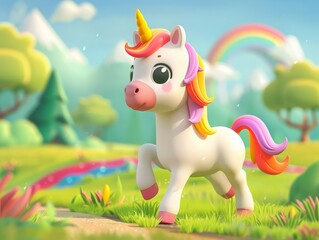 3D cute unicorn kawaii character on rainbow meadow background