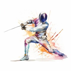 Watercolor sport illustration of badminton with colorful splashes. Badminton player.