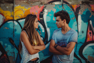 Naklejka premium Couple having a conversation against graffiti