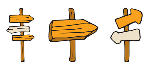 Icons set of old wooden road signposts, arrows, choice and directions signs. Signpost Showing Information. Directional Signs, pointer, Guide sign. Hand drawn vector doodles in flat style.