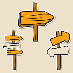 Stickers set of old wooden road signposts, arrows, choice and directions signs. Signpost Showing Information. Directional Signs, pointer, Guide sign. Hand drawn vector doodles in flat style.