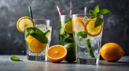 Fototapeta premium Lemonade with lemon, orange and mint on a dark background