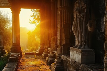 Naklejka premium Golden Hour Serenity: Ancient Greek Temple in Twilight