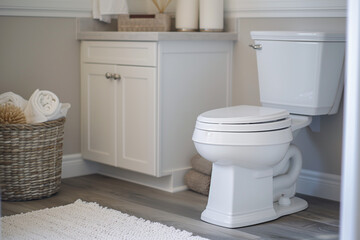 A white toilet with a storage cabinet and bathroom accessories in the background