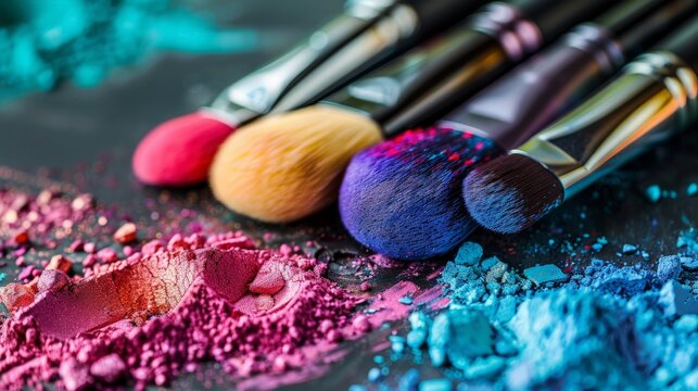 Set of professional makeup brushes closeup.