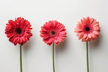 Three pink gerbera daisies are lined up against a white background. Generative AI.