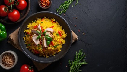 Rice with meat and vegetables on a black background - obrazy, fototapety, plakaty
