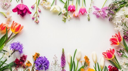 The image shows a variety of flowers arranged in a circle on a white background.