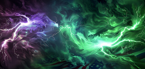 Green and violet lightning swirl dramatically over a patriotic backdrop.