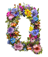 Flower font alphabet Q made of colorful floral letter isolated on white background. Spring or summer flower font.