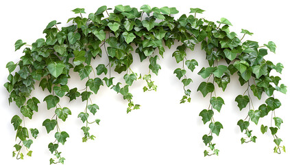  A arch of green ivy leaves hanging down on white background,