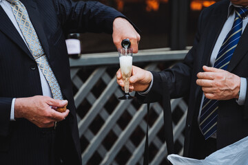 Two men in formal wear are clinking champagne glasses in a celebratory gesture