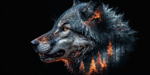 wolf with yellow eyes and flames on its fur, with half of its face and the right side of its body visible. The background is black, and there are trees on the right side of the wolf.