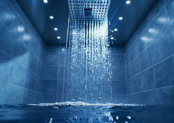 Close up of the ceiling in an empty modern bathroom with blue walls, where you can see a square stainless steel waterfall that resembles falling rain running down the wall and shining on it. There is 