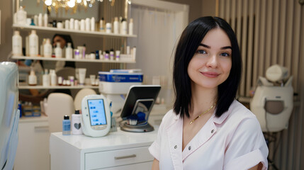 In a stylish beauty office, an elegant girl beautician shows you her office with care and passion.  blur effect in the background