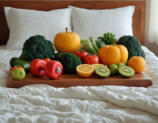 Fresh fruits and vegetables lie on a wooden tray on the bed