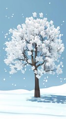 snow covered tree on the blue woods background