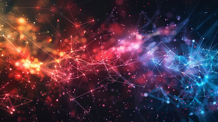 Radiant digital constellation connected by dynamic colorful threads in an abstract universe.