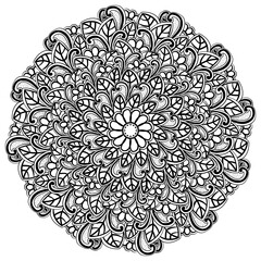 Mandala with ornate doodle flowers and leaves, creative coloring page with plant swirls for activity