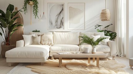 Comfy sectional sofa in a bright living room with lots of plants and natural light