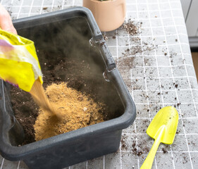 Ingredients for the soil of home potted plants, peat, earth, sand, perlite, vermiculite, coconut. A...