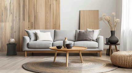 A living room scandinavian style with a gray sofa, wooden coffee table, and a jute rug