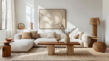 A beautiful living room scandinavian style with a large comfortable couch, stylish coffee table, and a gorgeous rug