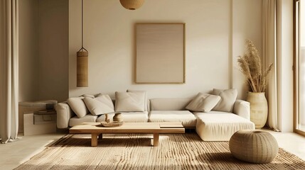 A living room scandinavian style with a large comfortable sofa, a coffee table, and a rug