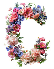 Flower font alphabet C made of colorful floral letter isolated on white background. Spring or summer flower font.