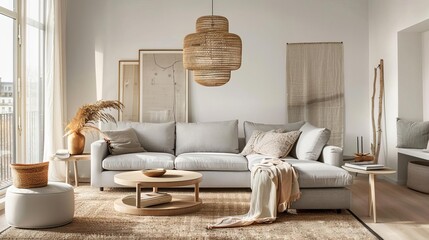 Sofa is placed in the center of the living room scandinavian style