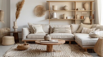 A living room scandinavian style with a large comfortable couch, a coffee table, a rug, and some plants
