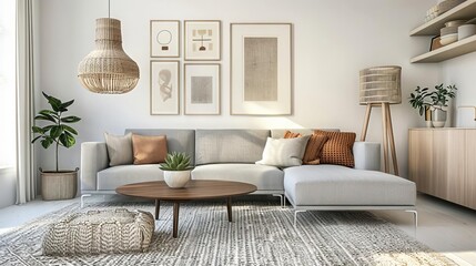 A living room scandinavian style with a large comfortable couch, coffee table, rug, and stylish decorations