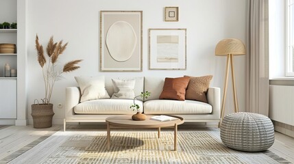 Warm and inviting living room scandinavian style with a comfortable couch, stylish rug