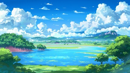  a serene lake in a verdant field, flanked by a distant mountain range, and cloud-specked sky above