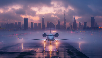 Private luxury jet aircraft on a rainy, foggy, wet runway, lit with sunset moody sky light, with a modern downtown background, waiting for response for takeoff. Business people traveling concept image