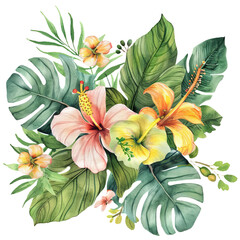 Watercolor Tropical spring floral green leaves with flower on transparent or white background 