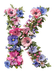 Flower font alphabet K made of colorful floral letter isolated on white background. Spring or summer flower font.