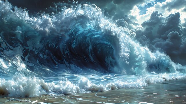 view large wave breaking beach purely out deep pencil drawing problem evil medium blue negative energy unity mood painted bright color