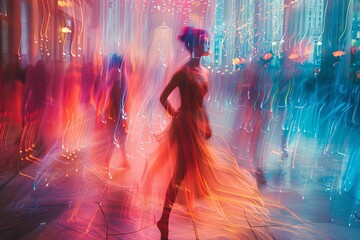 A dynamic image of a dancer mid-twirl with a long flowing dress surrounded by abstract colorful...