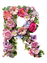 Flower font alphabet R made of colorful floral letter isolated on white background. Spring or summer flower font.