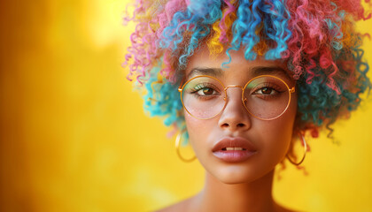 Close up portrait of young female in sunglasses with Dyed Multi Colors Hair hairstyle and brighty make-up on vibrant Yellow wall. Modern teens expressional serene outlook with individuality accent