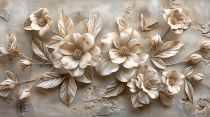 wallpaper with beautiful flowers and leaves, elegant wall background with texture of plaster and stucco
