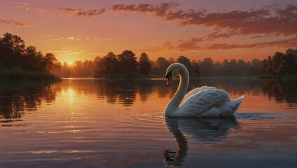 Illustrate a scene of Swan Lake during sunset, with the sky painted in hues of pink, orange, and gold. Capture the ultra-realistic details of the sun setting behind the horizon-Ai Generative