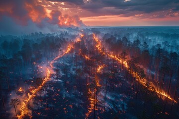 Fototapeta na wymiar Devastating wildfire consuming a forest seen from above, showing the fierce and destructive power of nature