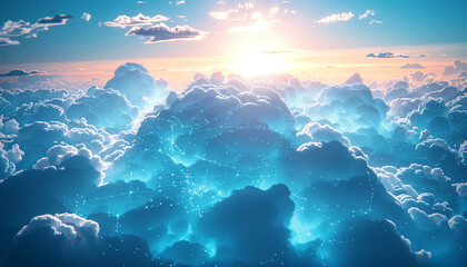 Picturesque sunset cloudscape over clouds, shot with millions of connections visible inside the clouds, showing modern cloud computing and cloud services concept