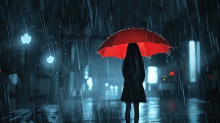 a girl holding a red umbrella and standing in rain on an empty street